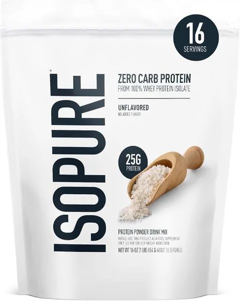 Isopure Zero Carb 100% Pure Whey Isolate Protein Powder, Gluten Free, with Vitamins, Unflavored, 25g Protein P