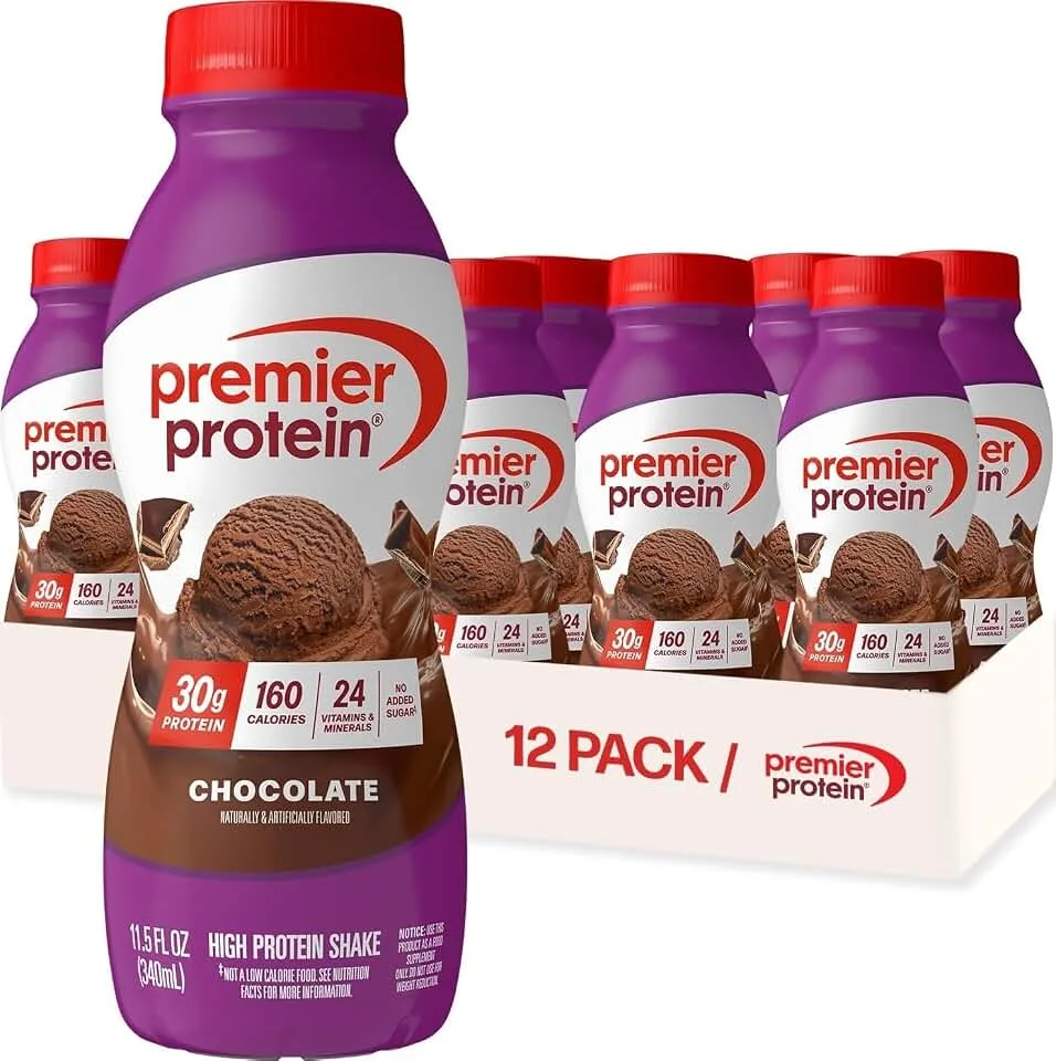 Premier Protein 30g High Protein Shake, Chocolate, 12 Pack | 160 Calories, 24 Vitamins & Minerals, No Added Su